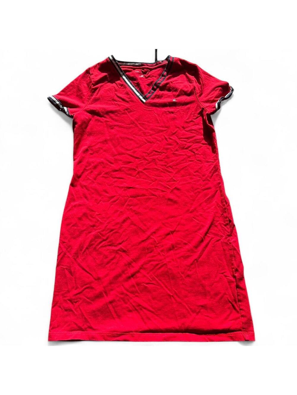Tommy Hilfiger Red V-Neck Short Sleeve Dress with Trim